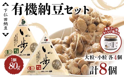 ママなんちゃんシリーズセット3（有機納豆いっ歩　大粒・小粒各4個・高菜ラー油きくらげ瓶１瓶） 群馬県 下仁田町 国産 食比べ たべくらべ ご飯のお供 タレ付き F21K-652