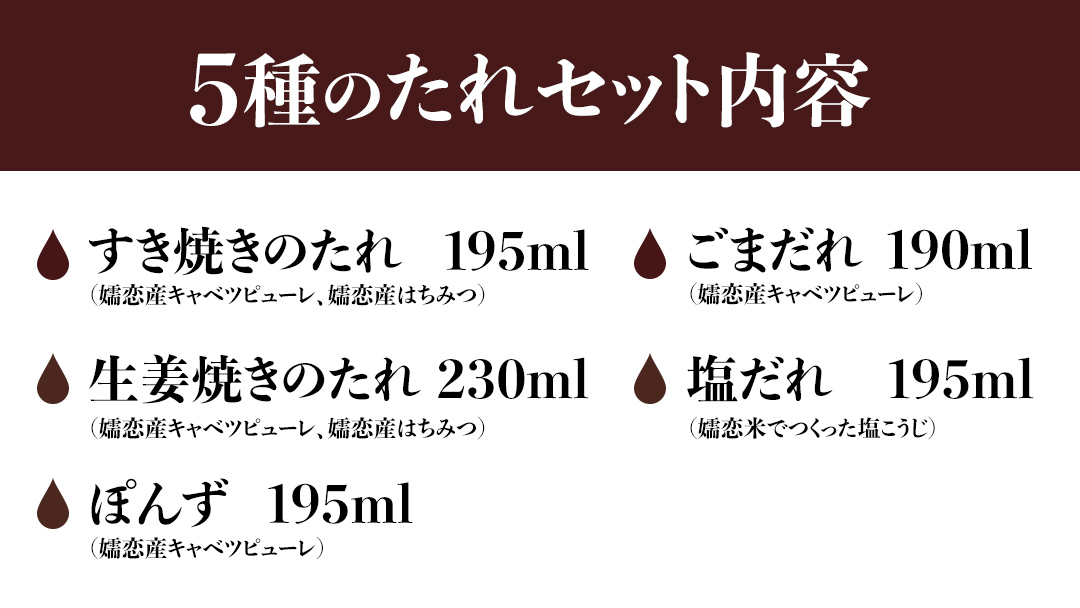 すき焼き ・ しゃぶしゃぶ ・ 生姜焼きのたれ 詰め合わせ 5種 × 1本 (計 5本 ) 調味料 国産 加工品 万能調味料 人気 焼き肉 タレ おすすめ 特製たれ 食べ比べ バーベキュー キャンプ おすそ分け [AH057tu]