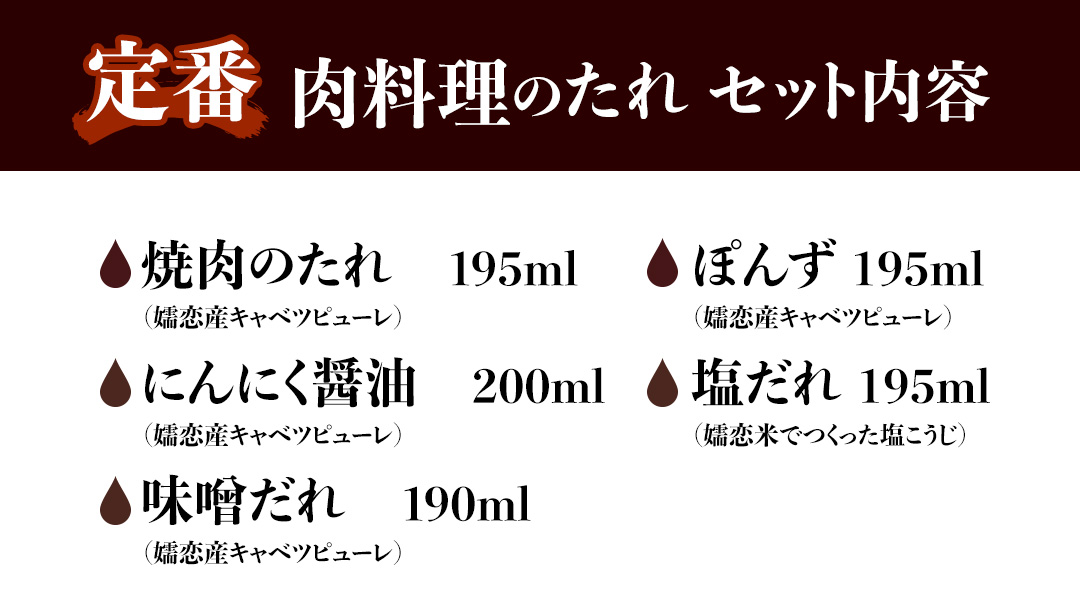 定番 肉料理のたれ 詰め合わせ 5種 × 1本 (計 5本 ) 調味料 国産 加工品 万能調味料 人気 焼き肉 タレ おすすめ 特製たれ 食べ比べ バーベキュー キャンプ おすそ分け [AH058tu]