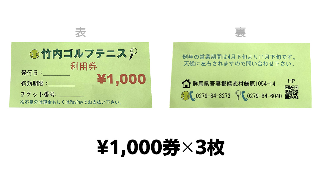 竹内ゴルフ ・ 竹内テニスコート で使える利用券 3000円分 北軽井沢 テニス テニスコート ショートゴルフ パターゴルフ ゴルフ ファミリー 観光 スポーツ 嬬恋高原 健康 チケット [AD004tu]
