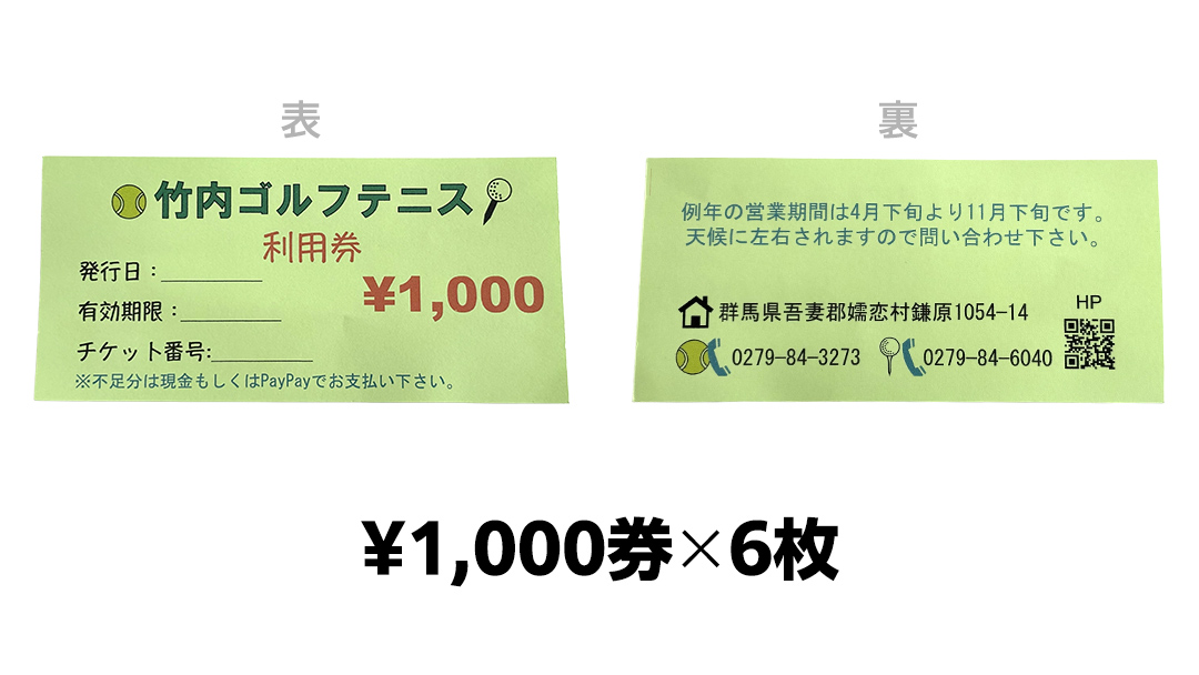 竹内ゴルフ・竹内テニスコートで使える利用券6000円分 北軽井沢 テニス テニスコート ショートゴルフ パターゴルフ ゴルフ ファミリー 観光 スポーツ 嬬恋高原 健康 チケット [AD005tu]
