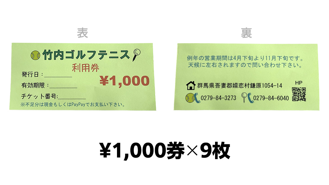 竹内ゴルフ・竹内テニスコートで使える利用券9000円分 北軽井沢 テニス テニスコート ショートゴルフ パターゴルフ ゴルフ ファミリー 観光 スポーツ 嬬恋高原 健康 チケット [AD006tu]
