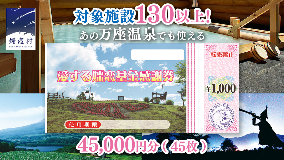 【12/23入金確認分まで 年内発送 】嬬恋村 で使える 感謝券45,000円分 (45枚) 温泉総選挙 万座温泉 万座 鹿沢温泉 観光 旅行券 宿泊券 宿泊補助券 旅行 温泉 温泉 ペンション ホテル 旅館 トラベル 父の日 母の日 敬老の日 浅間高原 鹿沢 バラギ 北軽井沢 エリア 関東 45000円 クーポン チケット 国内旅行 お泊り 日帰り 観光地応援 [AO034tu]