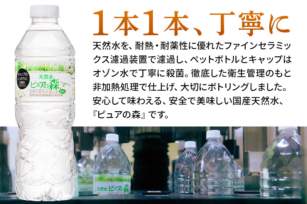 水 《定期便2ヶ月》国産 ミネラルウォーター ピュアの森 500ml 24本×1箱 天然水 軟水 ペットボトル ラベルあり