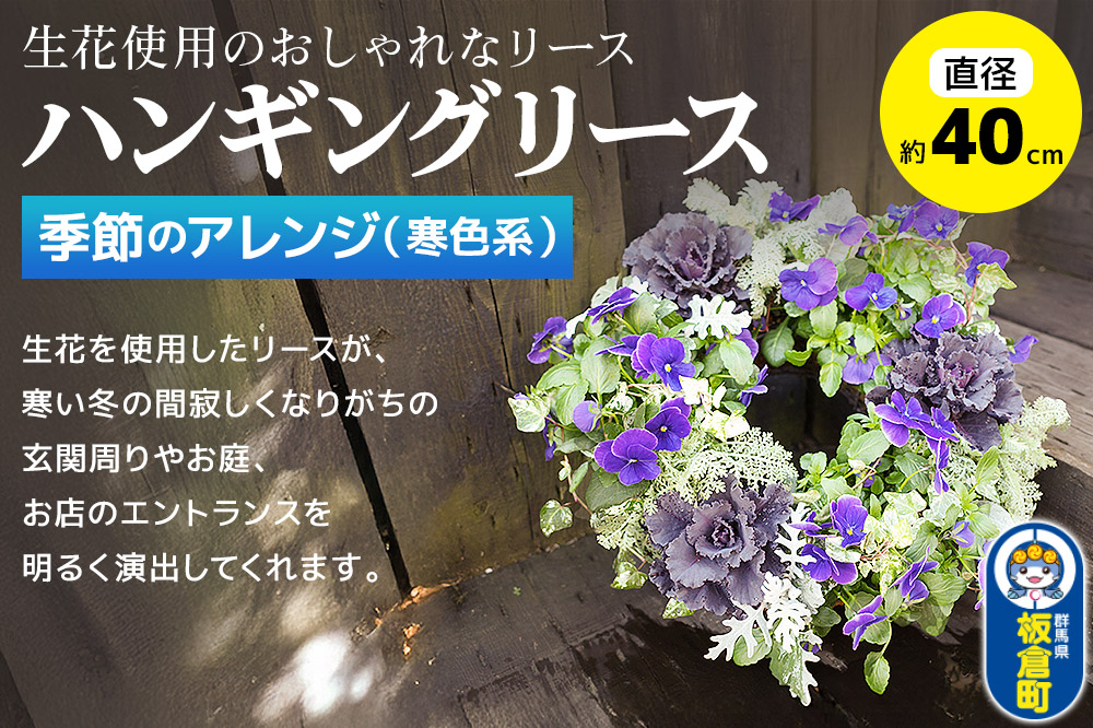 ハンギングリース　季節のアレンジ (寒色系) 直径約40cm【生花 ビオラ インテリア 玄関 バスケット 寄せ植え プレゼント 贈り物】