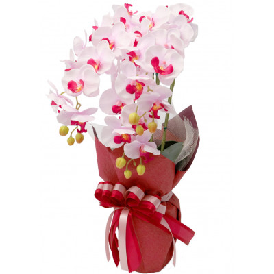 造花 シルクフラワーの胡蝶蘭の鉢植え 3本立 CT触媒 ライトパープル