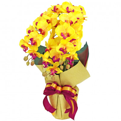 造花 シルクフラワーの胡蝶蘭の鉢植え 3本立 CT触媒 イエロー