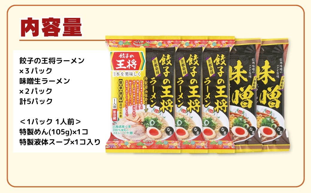 【餃子の王将】公式餃子の王将ラーメン本格生麺 取り寄せ2つの味が楽しめる5パックセット（醤油豚骨 3パック、味噌 2パック）