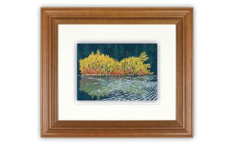 「秋陽 明神池」【 版画 額付 小川手漉和紙 小暮真望 東松山 埼玉県 】