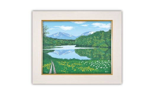 「月山と五色沼」白【 版画 額付 小川手漉和紙 小暮真望 東松山 埼玉県 】