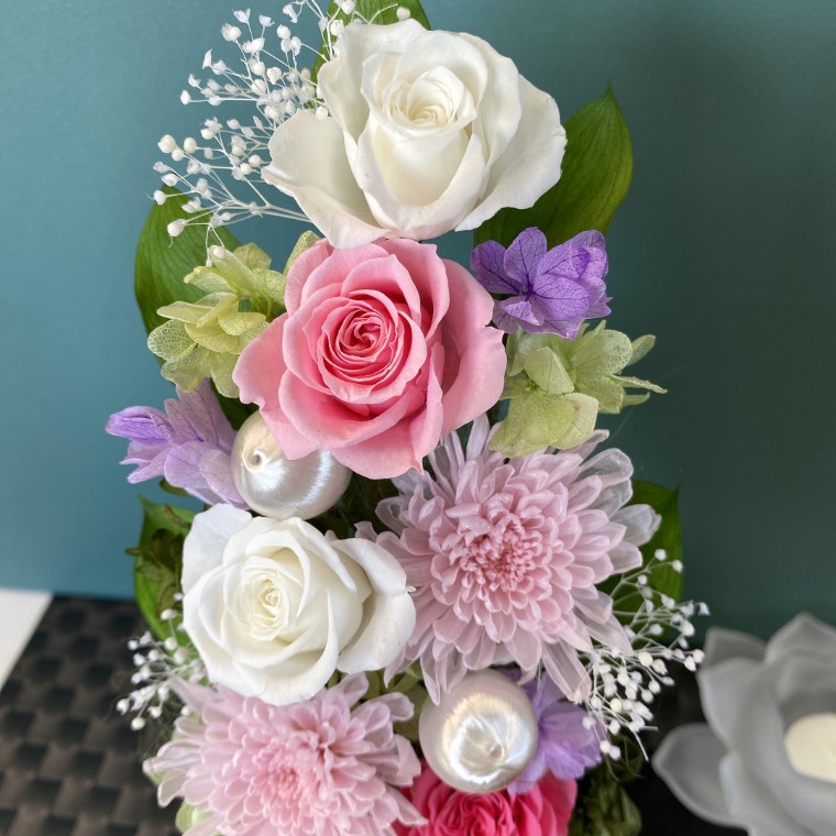 AJ085-2 プリザーブドフラワーアレンジ【美咲/桃】春日部市 シュガーパイン