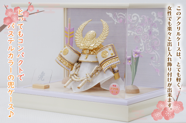 BL027-1 清宝作兜ケース飾り　5号金徳川兜　アクリルケース　オフホワイト／淡藤色（AK6-6）