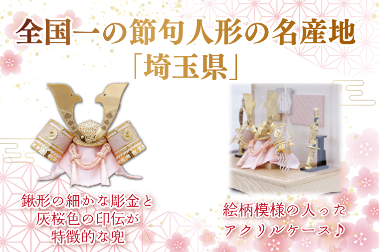 BL020-1 清宝作兜ケース飾り　8号牡丹ゴールド大鍬兜　柄入りアクリルケース　栓木ナチュラル色（AB4-65-3）