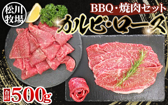 松川牧場のこだわり牛肉　BBQ・焼肉セット 500g ロース部位から1パック カルビ部位から1パックお届け 松川牧場