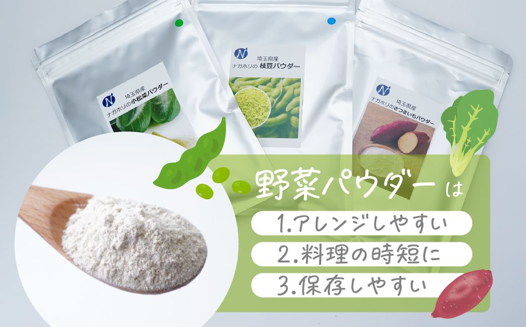 【3種】ナガホリの野菜パウダー 3袋 1袋 100g 小松菜 枝豆 さつまいも