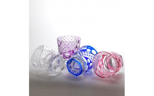 江戸切子 山田のゆり作 八角篭目文様 【金紫】 M-250‐V