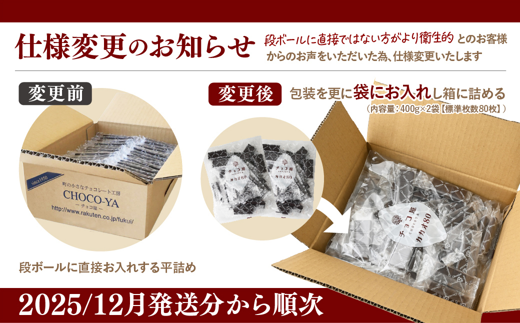 【12ヶ月定期便】チョコ屋 カカオ80％ クーベルチュールチョコレート 1箱あたり800g（400g×2袋）