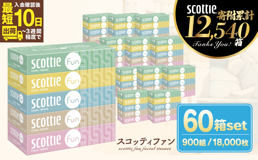 スコッティ ティシュー ファン 150組5箱×12パック 60箱 ティッシュ 箱ティッシュ【最短10日～3週間程度に発送予定】
