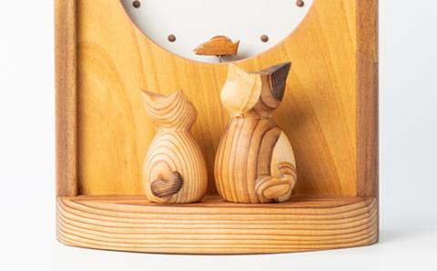 【振り子時計】ウッディいるまの猫と魚の時計(四角)【ハンドメイド】