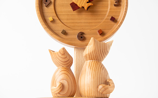 【置き掛け兼用】 猫と魚の時計丸大 【ハンドメイド】