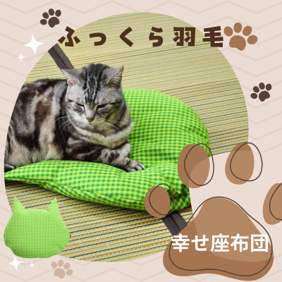猫の幸せ座布団【グリーンチェック】