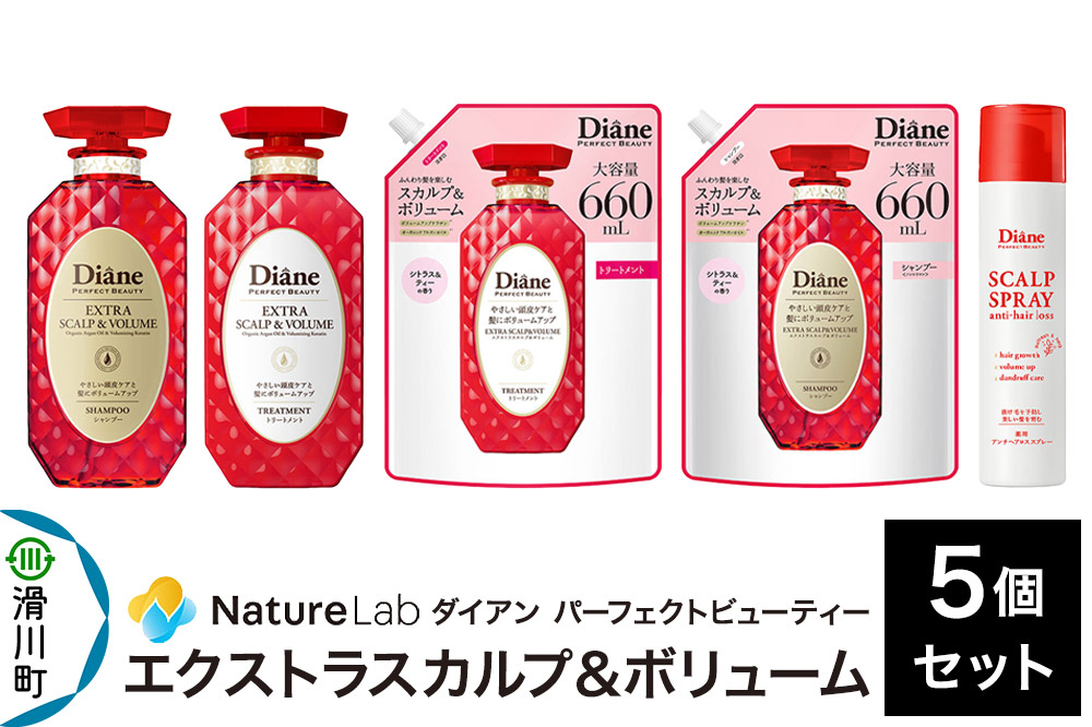 Diane ダイアン パーフェクトビューティー エクストラスカルプ＆ボリューム 5点セット（シャンプー＆トリートメント 本体 450ml×2、詰替大容量シャンプー×1、トリートメント×1、アンチヘアロス＆スカルプスプレー×1）