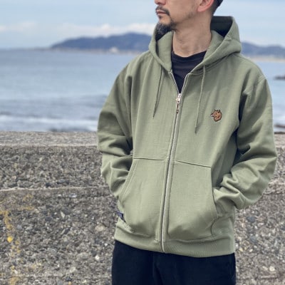 「イノシシ派」ジップアップスウェットパーカー/オリーブ/男女兼用XLサイズ