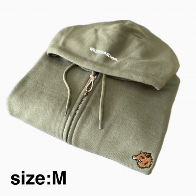 「イノシシ派」ジップアップスウェットパーカー/オリーブ/男女兼用Mサイズ