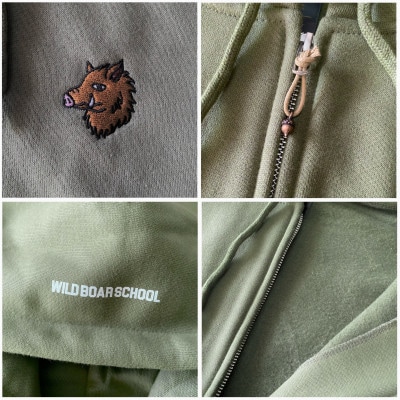 「イノシシ派」ジップアップスウェットパーカー/オリーブ/男女兼用Mサイズ