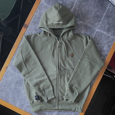 「イノシシ派」ジップアップスウェットパーカー/オリーブ/男女兼用Lサイズ