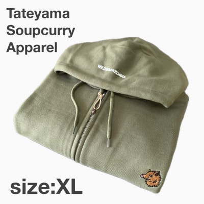 「イノシシ派」ジップアップスウェットパーカー/オリーブ/男女兼用XLサイズ