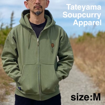 「イノシシ派」ジップアップスウェットパーカー/オリーブ/男女兼用Mサイズ
