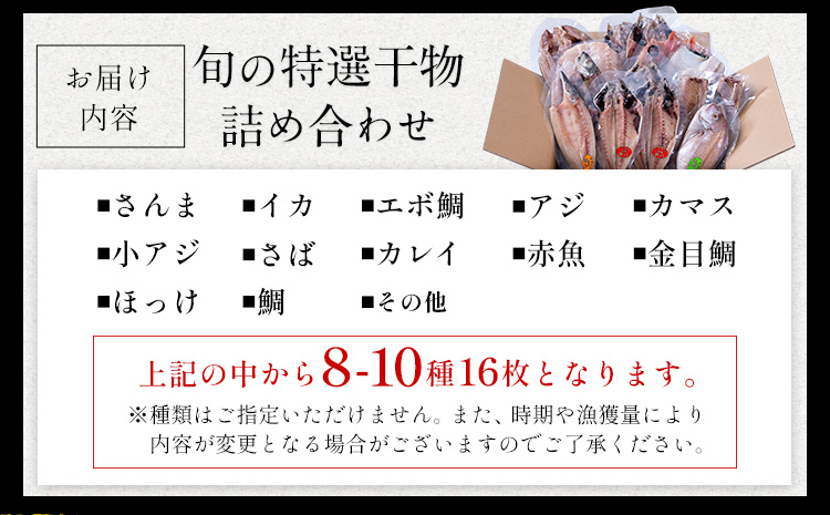 旬の特選干物セット 8-10種16枚 株式会社鈴八フーズ 《30日以内に出荷予定(土日祝除く)》【配送不可地域：離島】さんま アジ 小アジ 金目鯛 イカ カマス 赤魚 さば エボ鯛 鯛 カレイ ホッケ---kastuura_szh_4---