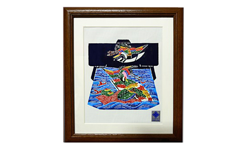 千葉県指定伝統的工芸品「萬祝染」額 六つ切りサイズ（鶴亀松竹梅）[0022-0006] 鶴亀松竹梅