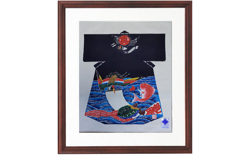 千葉県指定伝統的工芸品「萬祝染」額 半切りサイズ（鶴亀鯛）[0085-0001] 鶴亀鯛