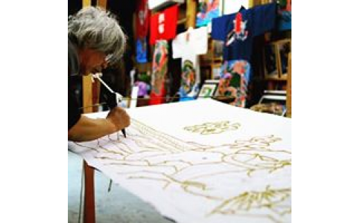 千葉県指定伝統的工芸品「萬祝染」額 六つ切りサイズ（鶴亀松竹梅）[0022-0006] 鶴亀松竹梅