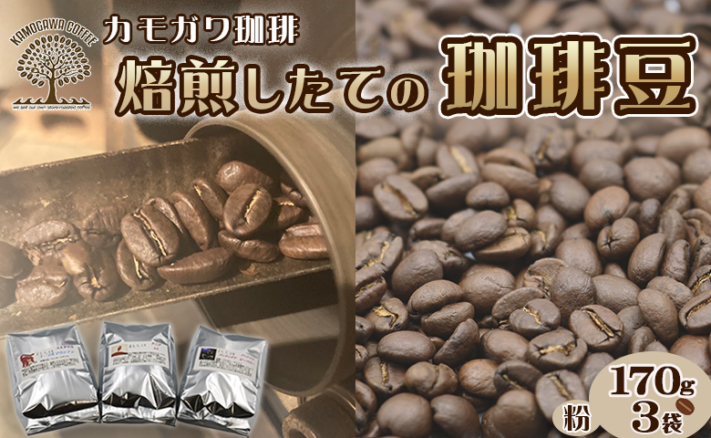 【カモガワ珈琲】焙煎したてのコーヒー豆 ３種（170g×３袋）《粉》　[0016-0022] ３種（粉）