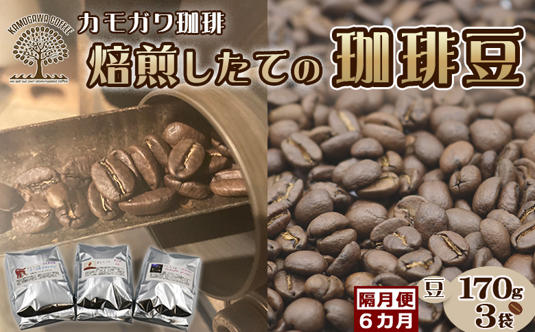 【カモガワ珈琲の定期便】焙煎したてのコーヒー豆 ３種（170g×３袋）６カ月《豆・隔月発送》　[0096-0001] ３種（豆）×隔月６回