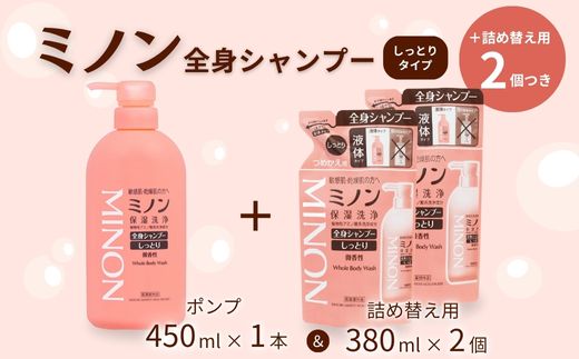 ミノン全身シャンプーしっとりタイプ　450ml：1本　詰替用（380ml）2個セット ／ 敏感肌 乾燥肌 全身シャンプー ボディシャンプー ボディソープ 液体石鹸 石鹸 せっけん ボディケア スキンケア 日用品 ミノン 第一三共ヘルスケア