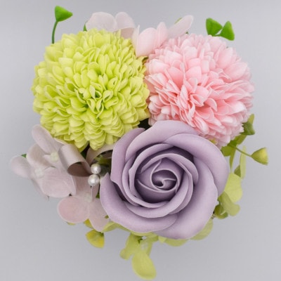 カルトナージュ花器の仏花アレンジと写真たて(BEST OF MORRIS)