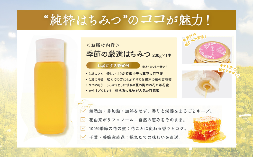 千葉県産はちみつ【使い切りやすい200gボトル×1】養蜂家が選ぶ季節限定蜂蜜 X006