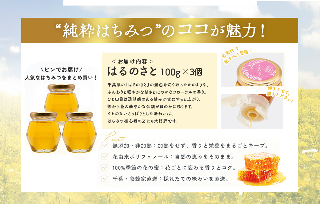 大網白里育ちの「純粋はちみつ」はるのさと(百花蜜)3個 X007
