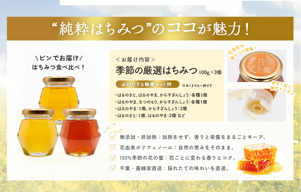 千葉県産「厳選純粋はちみつ」100g×3個【ランダムにセレクト】  X010