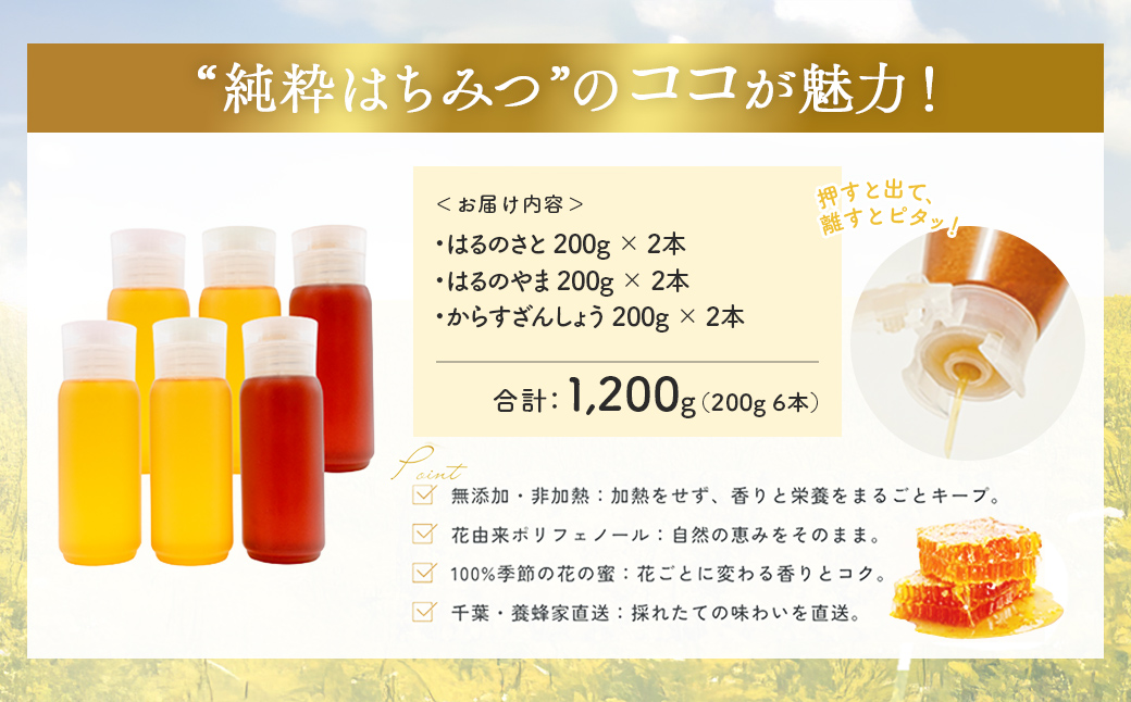 千葉県産純粋はちみつ「はるのさと・はるのやま・からすざんしょう」1.2kg(200g2本×3種類) X012