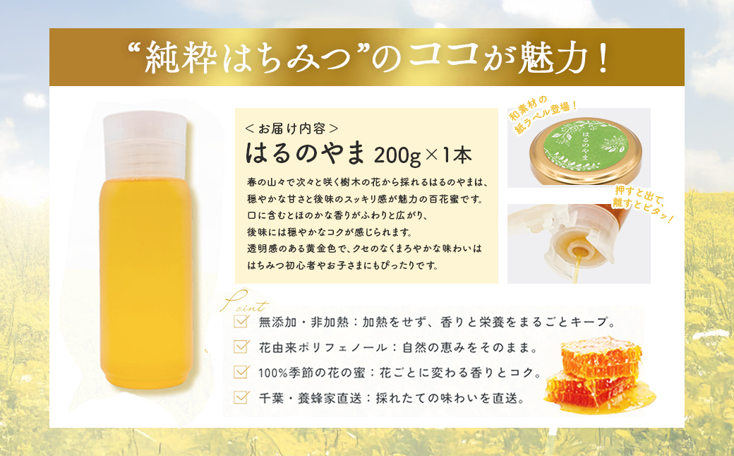 千葉県産はちみつ【大人気200g1本 】はるのやまはちみつ(百花蜜) X013