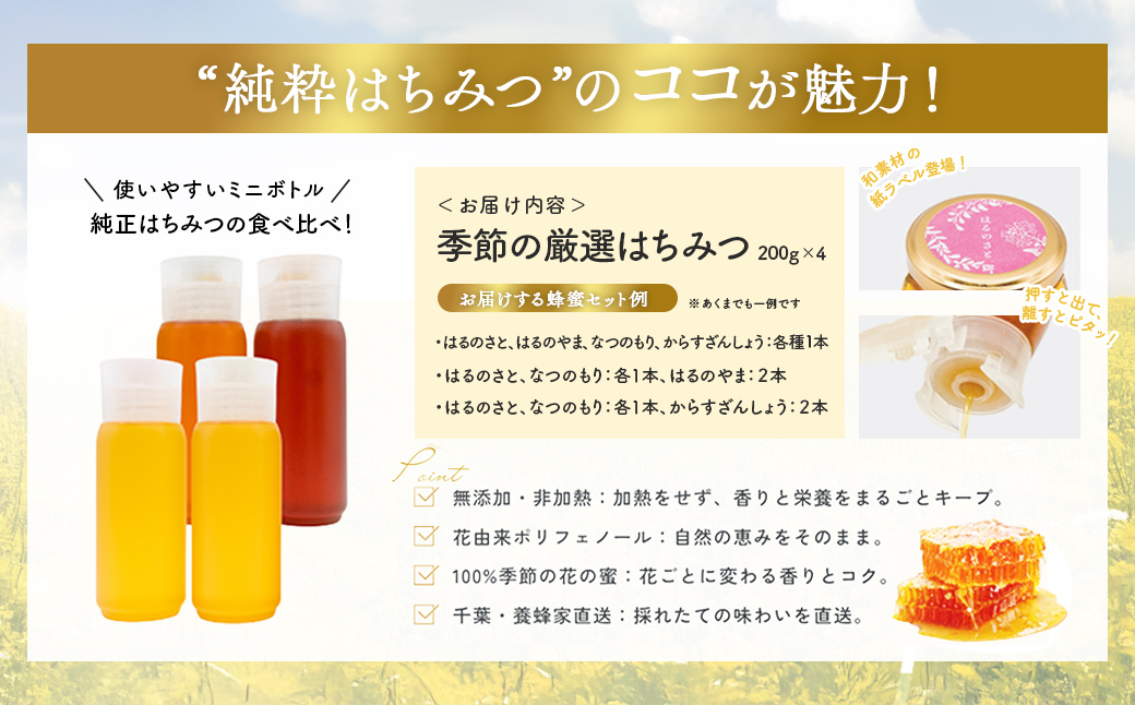 千葉県産「厳選純粋はちみつ」200gボトル×4本【ランダムにセレクト】 X016