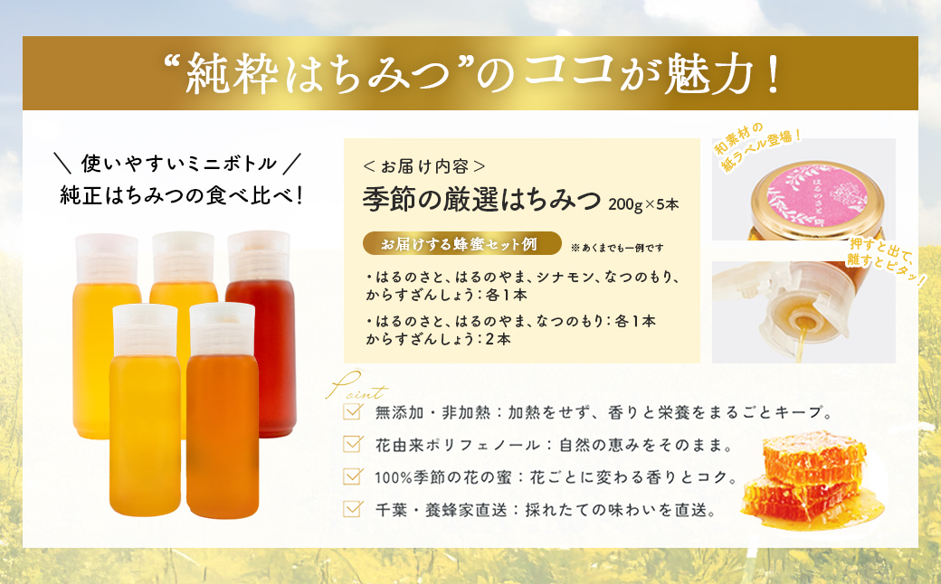 千葉県産「季節の厳選はちみつ」200gボトル×5本【ランダムにセレクト】 X017