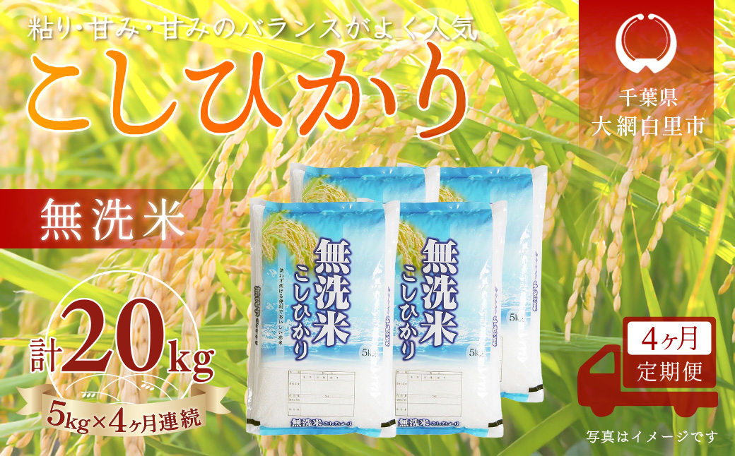 ＜4か月定期便＞ 千葉県産「コシヒカリ」無洗米 5kg×4か月連続 計20kg A073