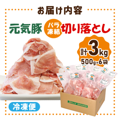【小分けで便利】国産 元気豚 切り落とし 3kg(500g×6袋)　千葉県産三元豚　パラパラ凍結【配送不可地域：離島・北海道・沖縄県】