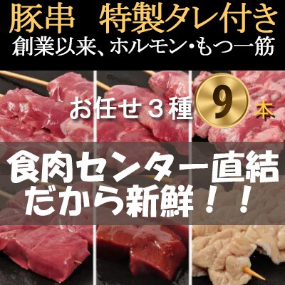 [豚串3種×3本]合計9本【おまかせセット】新鮮!カシラ・タン・ハツ・レバー・シロ・ハラミ・テッポウ【配送不可地域：離島・沖縄県】